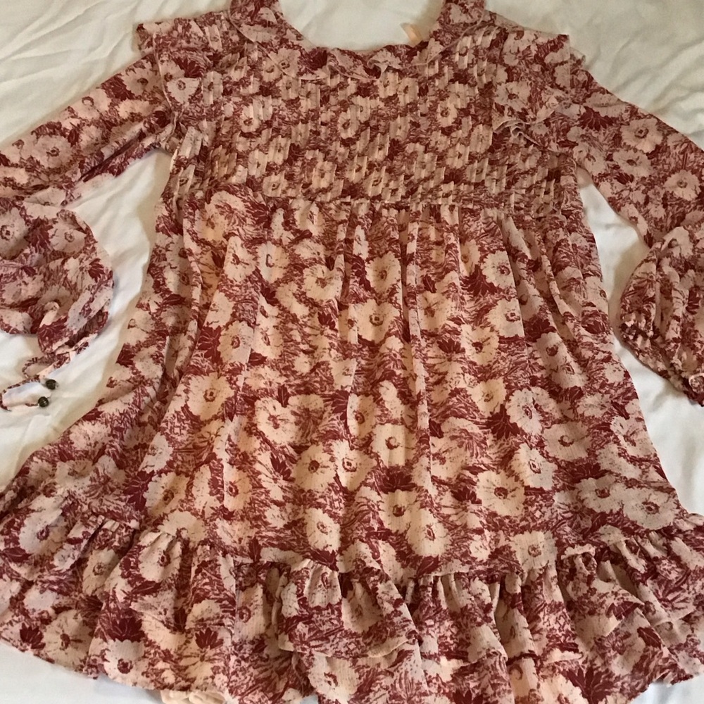 Free People These Dreams Pink and Cream Floral Smocked Long Sleeve Dress
